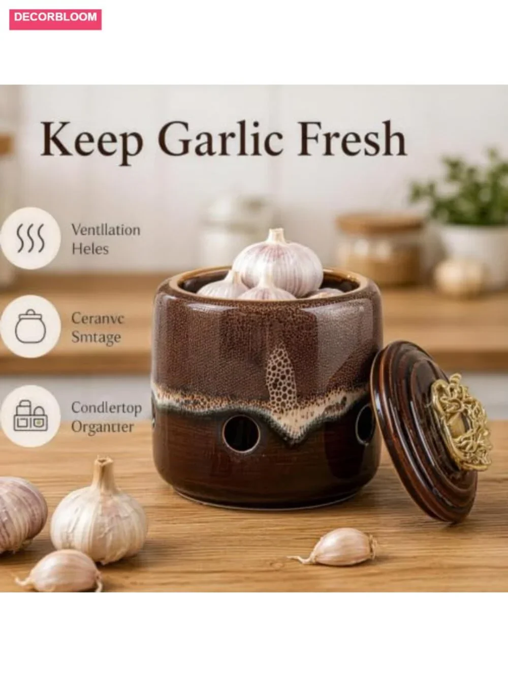 Ceramic Garlic Keeper with Lid, Breathable Kitchen Counter Storage